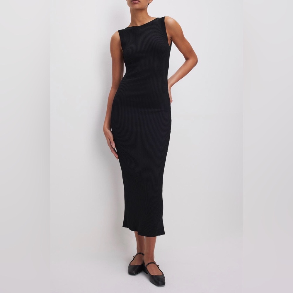 Good American Shine Scoop Back Sleeveless Ribbed Black Tank Dress Large NWT